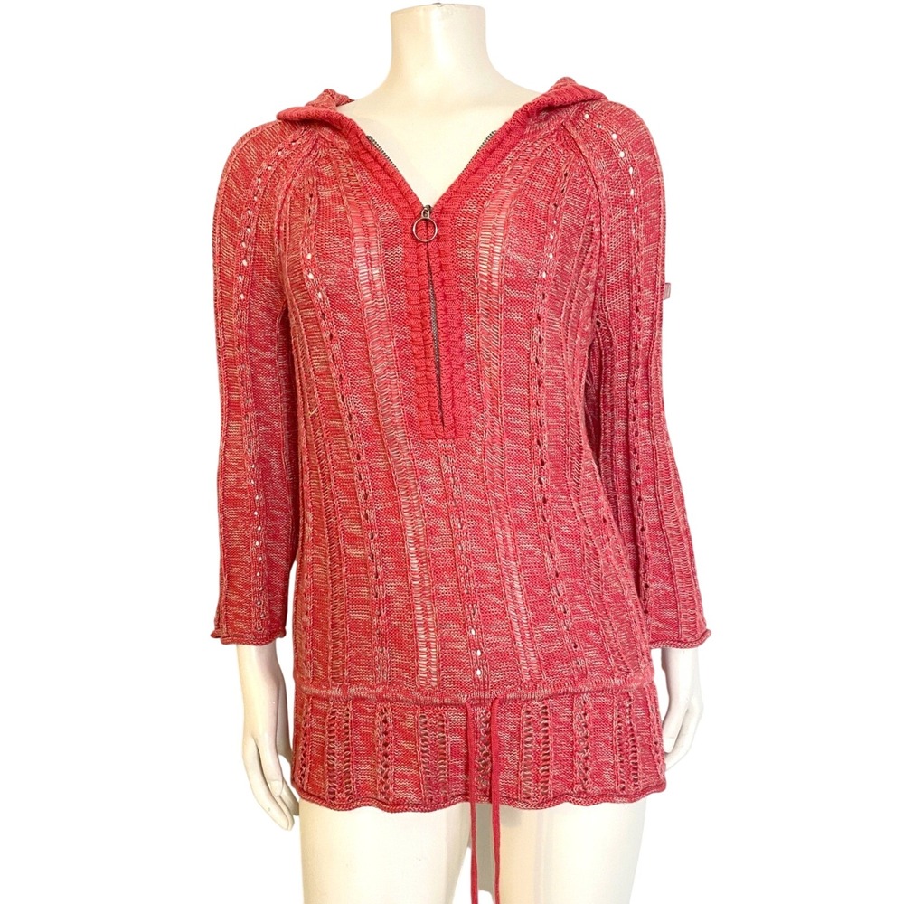 DKNY Jeans Girly Coral Pink Quarter Zip Hoodie Sweater Medium Open Knit Y2K Cute
